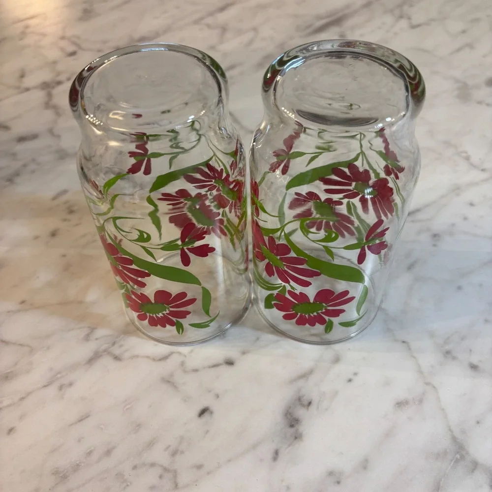 Vintage Libbey Red Daisy Floral Glasses Set of 2 Footed Juice Tumblers Retro